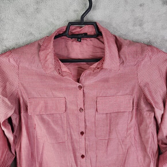 Womens Express Red Polka Dot Blouse Top Button-Up Roll Tab Sleeve Size M - Picture 5 of 11